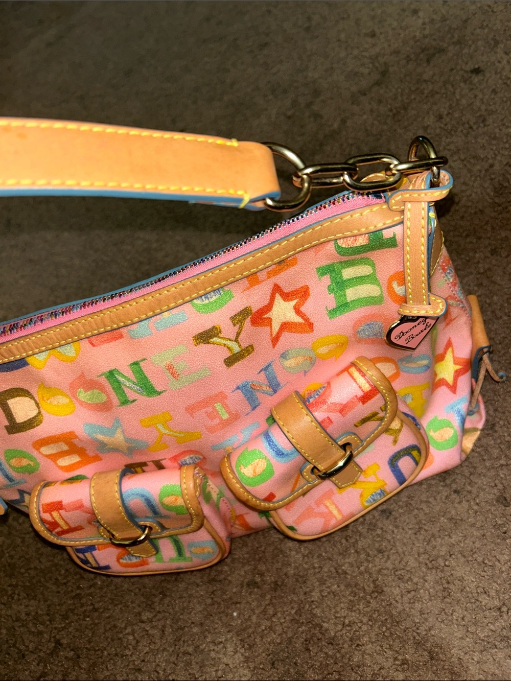 Vintage Dooney & Bourke Pink Graffiti Bag with Tan Leather Trim - Picture 9 of 16